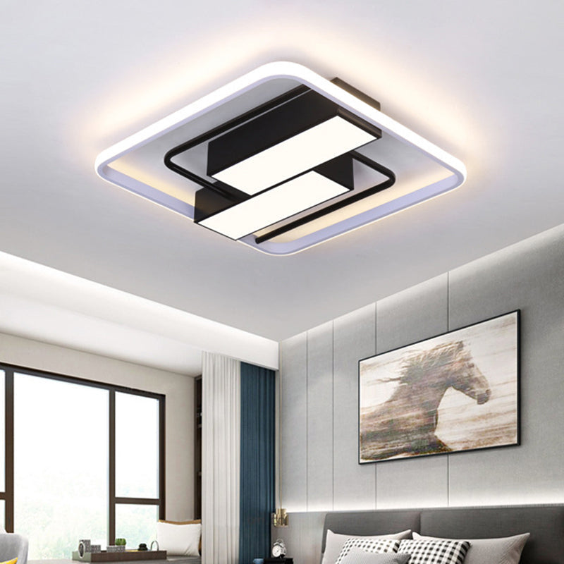 Nordic Dual Rectangle Flush Light - Metal Flush Mount Fixture in Warm/White Light - LED - Black Finish - 18"/21.5" W - Square Frame