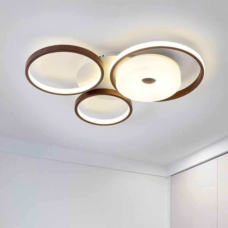 Modern Metal Flush Ceiling Light - 3 Rings, LED, Brown, Warm/White Light (19.5"/25.5" Width)