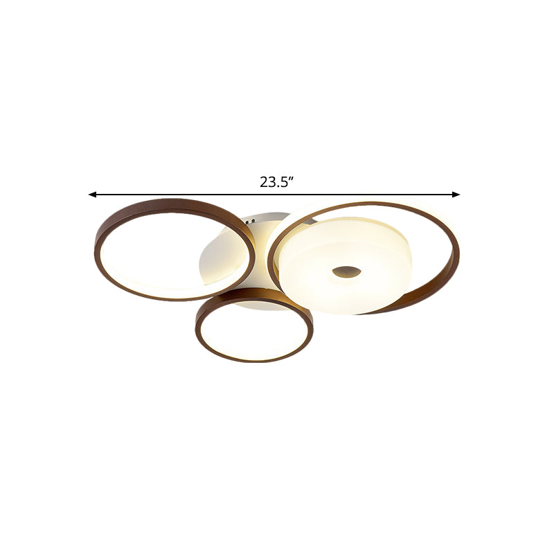 Modern Metal Flush Ceiling Light - 3 Rings, LED, Brown, Warm/White Light (19.5"/25.5" Width)