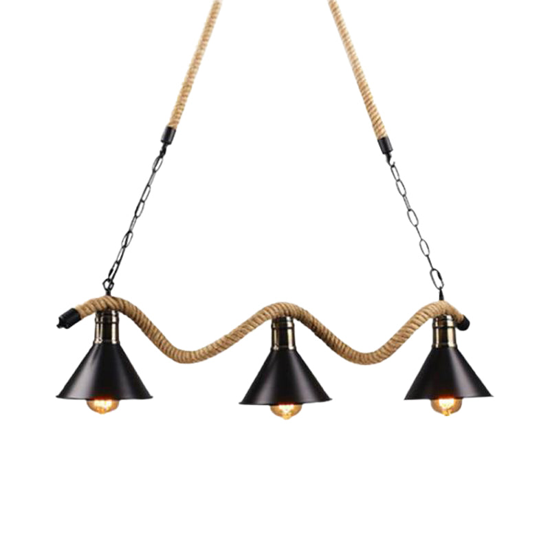 Black Metal & Rope Pendant Light - Farmhouse Style With Wavy Conic Design 3/5 Bulbs