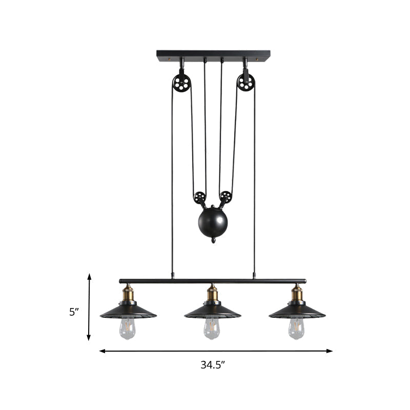 Industrial Metal Saucer Foyer Island Light With Pulley - 3 Black Hanging Lights