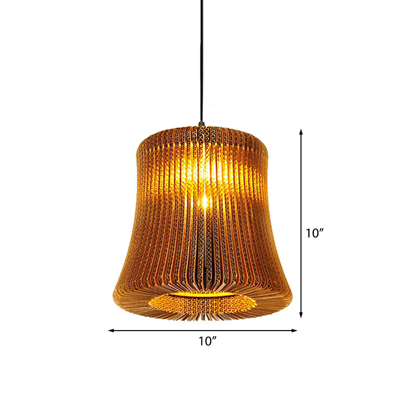 Asian Stylish Pendant Lighting - Brown Corrugated Paper Ceiling Fixture With Cylinder Shade Ideal