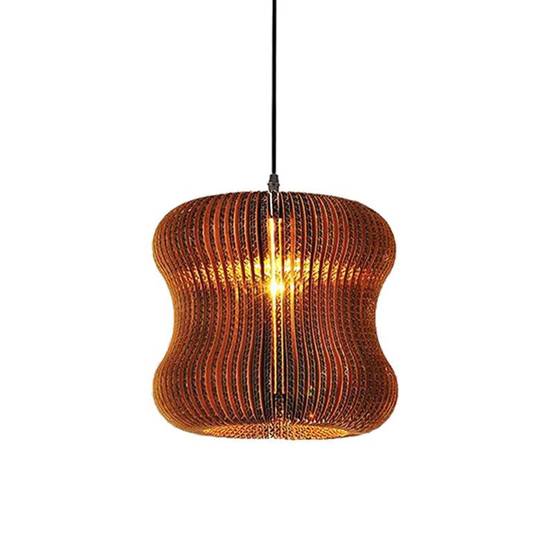 Stylish Brown Asian Dining Room Pendant Lighting - Ceiling Fixture with Cylinder Shade - 1 Bulb - Corrugated Paper