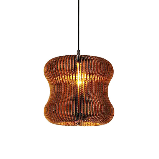 Asian Stylish Pendant Lighting - Brown Corrugated Paper Ceiling Fixture With Cylinder Shade Ideal