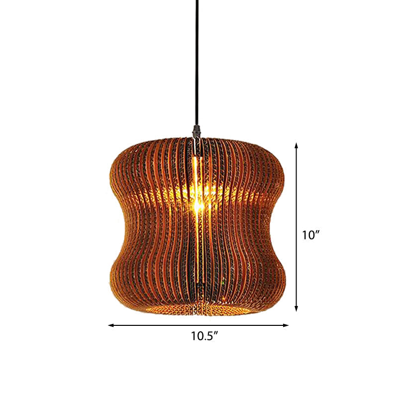 Asian Stylish Pendant Lighting - Brown Corrugated Paper Ceiling Fixture With Cylinder Shade Ideal