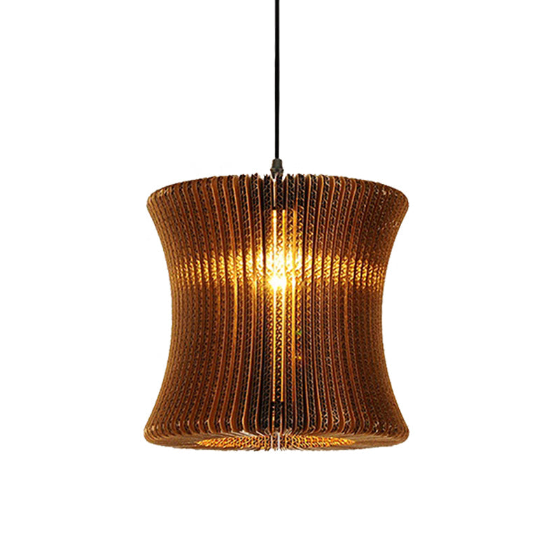 Asian Stylish Pendant Lighting - Brown Corrugated Paper Ceiling Fixture With Cylinder Shade Ideal