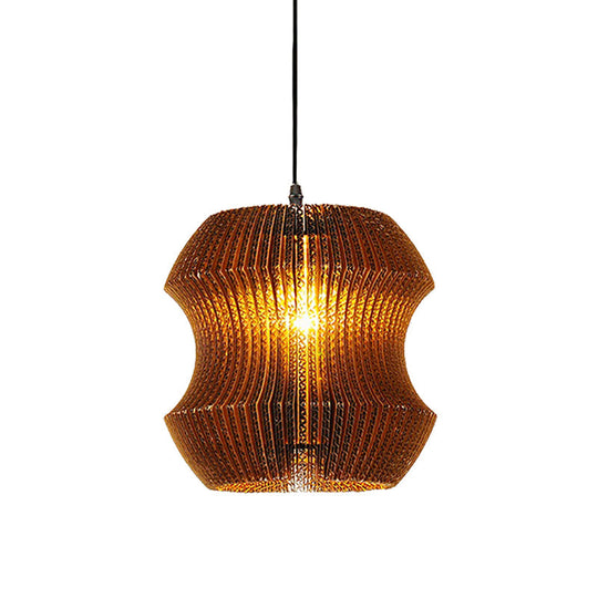 Asian Stylish Pendant Lighting - Brown Corrugated Paper Ceiling Fixture With Cylinder Shade Ideal