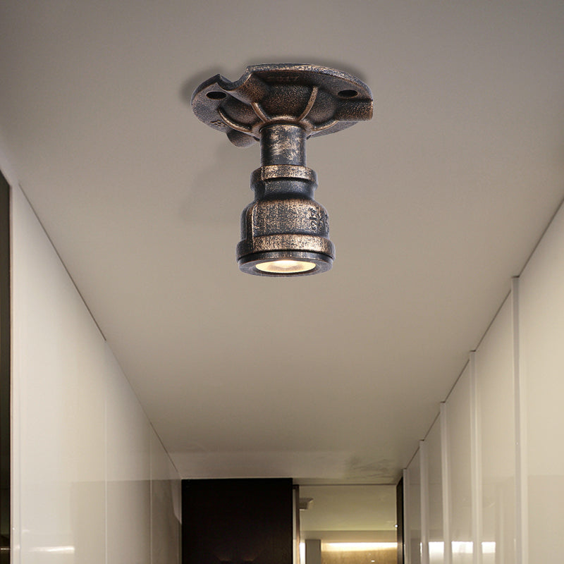 Rustic Industrial Antique Brass Water Pipe Ceiling Light with 1 Metal Semi Flush Mount - Perfect for Hallways
