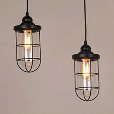 Industrial Black Clear Glass Pendant Light Kit with Caged Multiple Lamps - 2/3 Bulbs, Linear/Round Canopy
