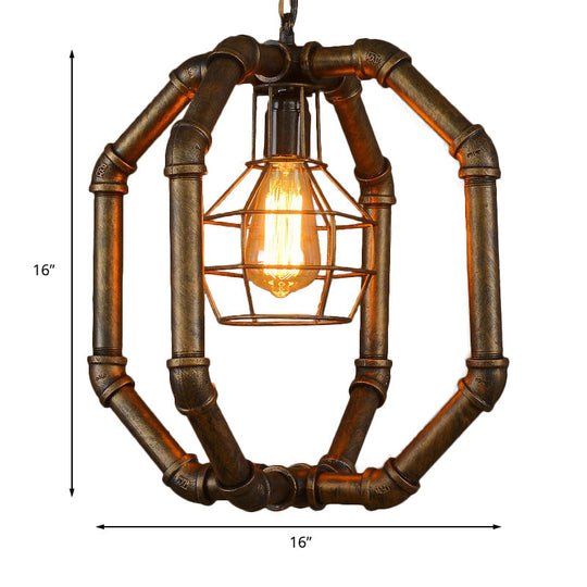 Farmhouse Style Metal Hanging Lamp with Brass Water Pipe Design - Restaurant Ceiling Fixture with Inner Dome Cage Shade