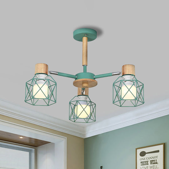 Nordic Iron Cage Semi-Flush Lamp with 3/6/8-Head Black/Green/Gold Pendant Lighting for Ceiling