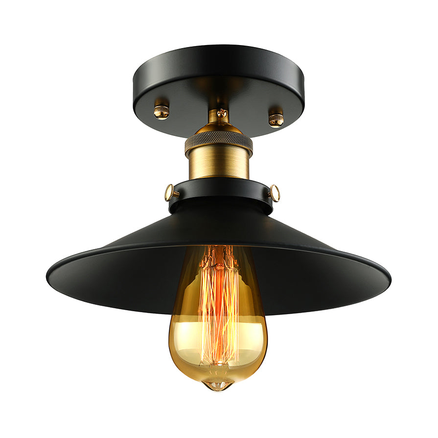 Retro Metallic Semi Flush Mount Ceiling Light - Black/Rust Cone Shade, 1 Head - Close to Ceiling Lighting for Balconies