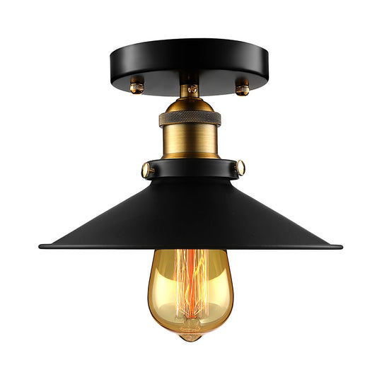 Retro Metallic Semi Flush Mount Ceiling Light - Black/Rust Cone Shade, 1 Head - Close to Ceiling Lighting for Balconies