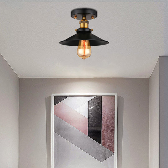 Retro Metallic Semi Flush Mount Ceiling Light - Black/Rust Cone Shade, 1 Head - Close to Ceiling Lighting for Balconies