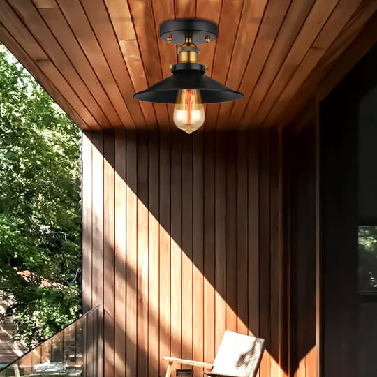 Retro Metallic Semi Flush Mount Ceiling Light - Black/Rust Cone Shade, 1 Head - Close to Ceiling Lighting for Balconies