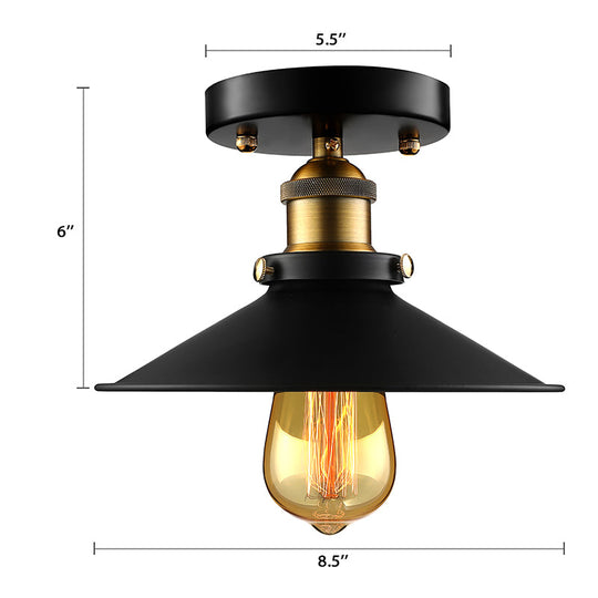 Retro Metallic Semi Flush Mount Ceiling Light - Black/Rust Cone Shade, 1 Head - Close to Ceiling Lighting for Balconies