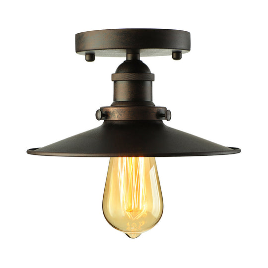 Retro Metallic Semi Flush Mount Ceiling Light - Black/Rust Cone Shade, 1 Head - Close to Ceiling Lighting for Balconies