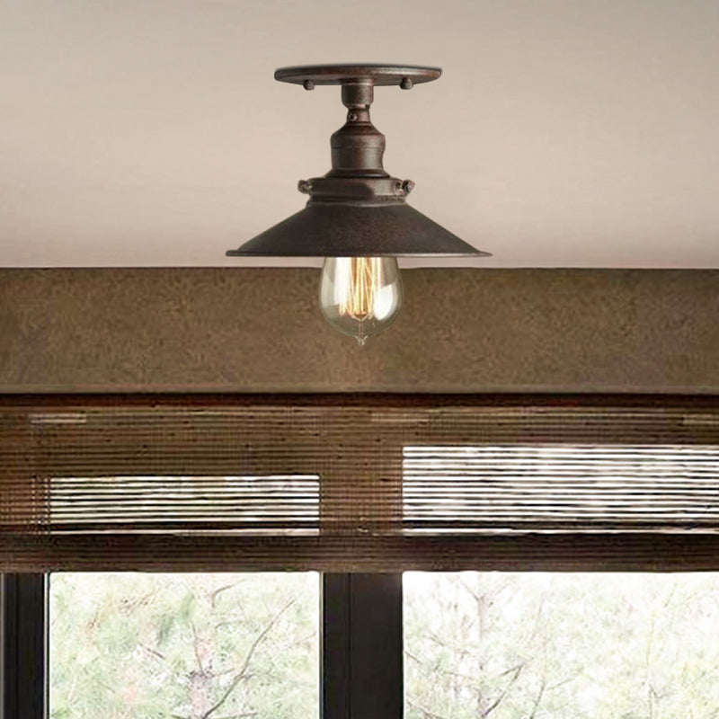 Retro Metallic Semi Flush Mount Ceiling Light - Black/Rust Cone Shade, 1 Head - Close to Ceiling Lighting for Balconies