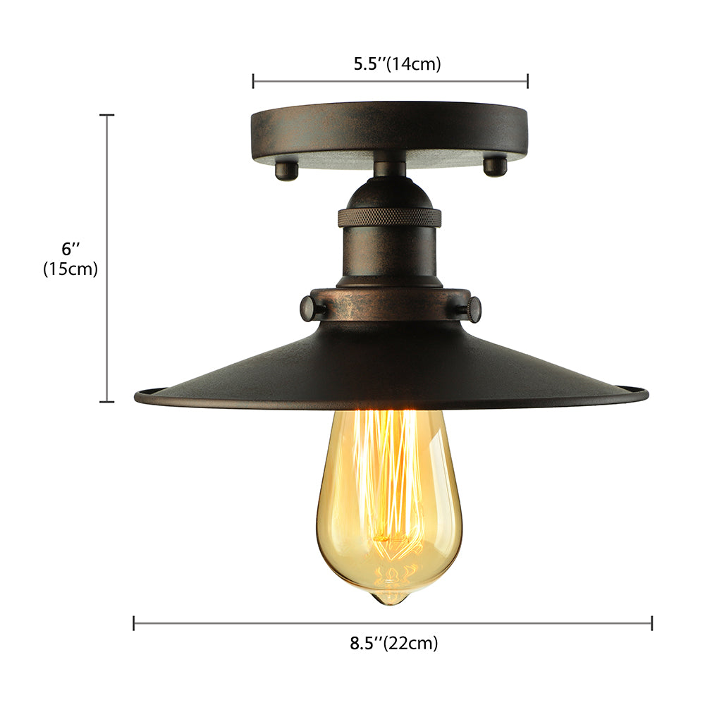 Retro Metallic Semi Flush Mount Ceiling Light - Black/Rust Cone Shade 1 Head Close To Lighting For
