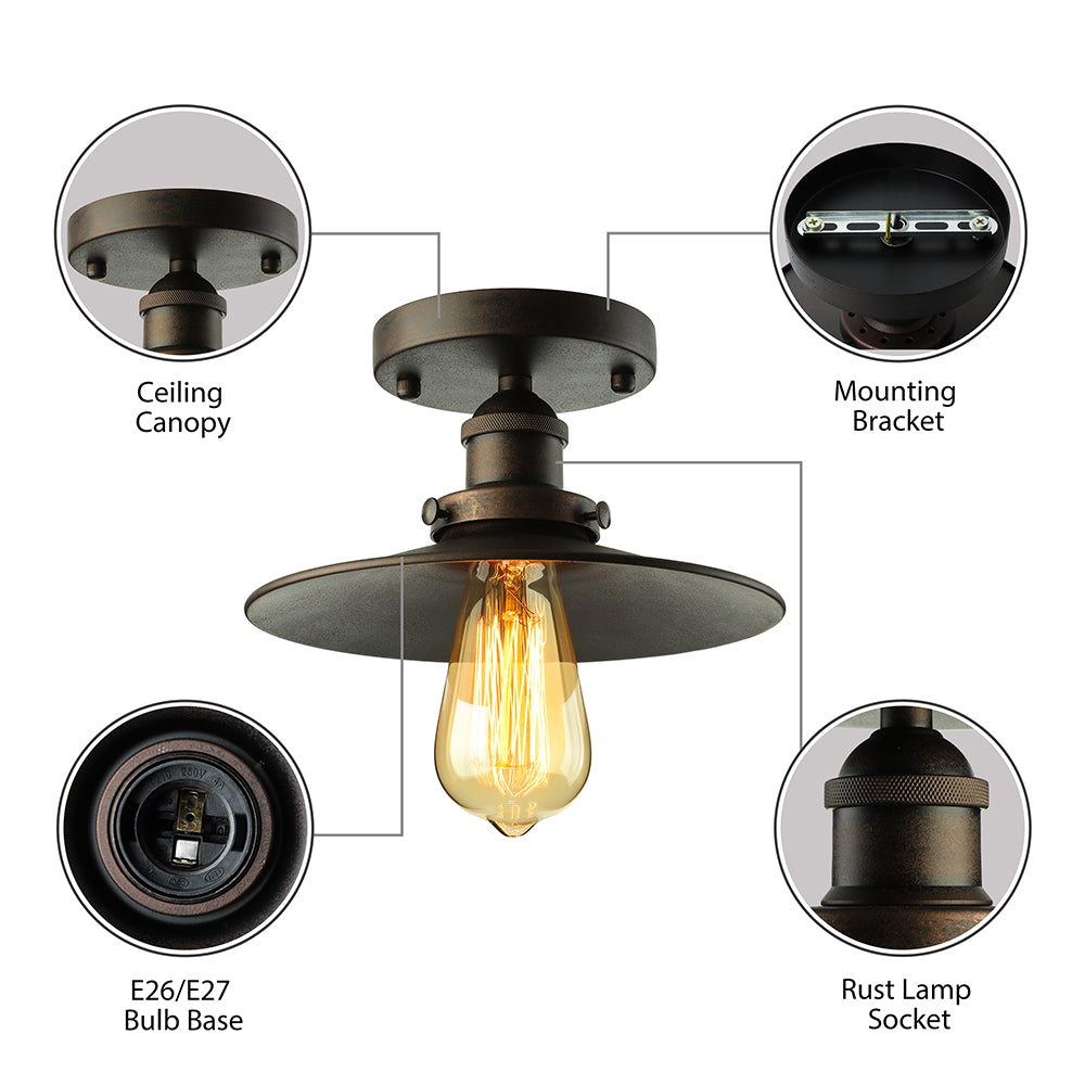 Retro Metallic Semi Flush Mount Ceiling Light - Black/Rust Cone Shade, 1 Head - Close to Ceiling Lighting for Balconies