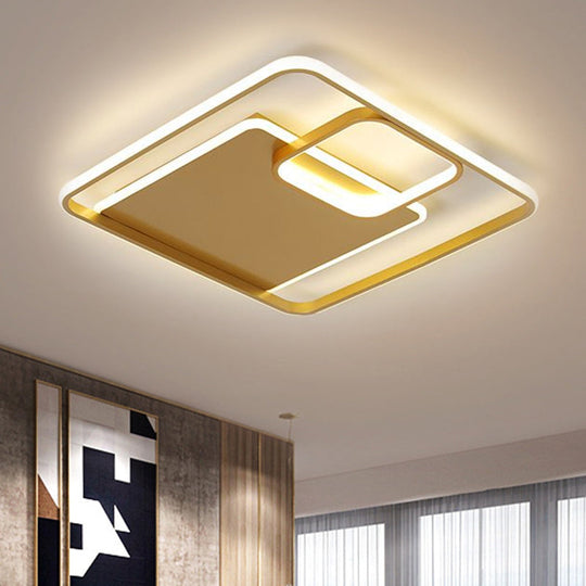 Minimalist Iron Black/Gold LED Ceiling Fixture - Square Flush Mount Lighting in Warm/White Light, 17"/21" Width