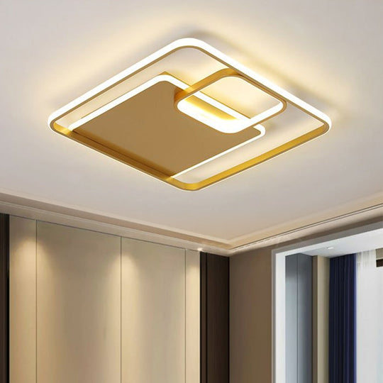 Minimalist Iron Black/Gold LED Ceiling Fixture - Square Flush Mount Lighting in Warm/White Light, 17"/21" Width