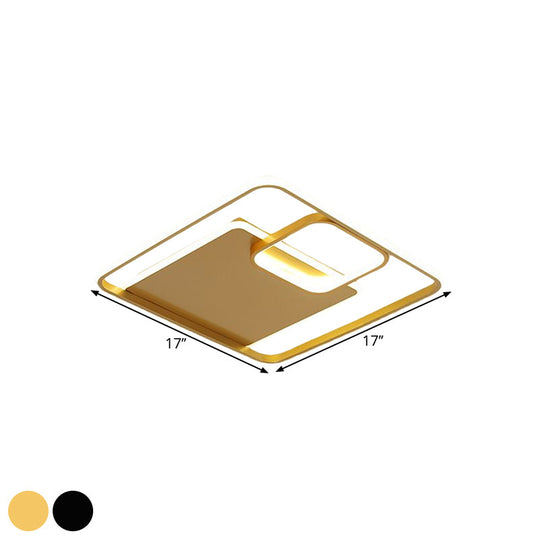 Minimalist Iron Black/Gold LED Ceiling Fixture - Square Flush Mount Lighting in Warm/White Light, 17"/21" Width