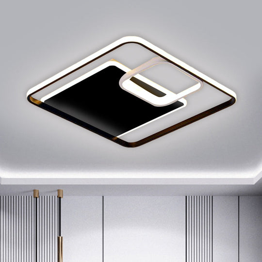 Minimalist Iron Black/Gold Led Ceiling Fixture - Square Flush Mount Lighting In Warm/White Light