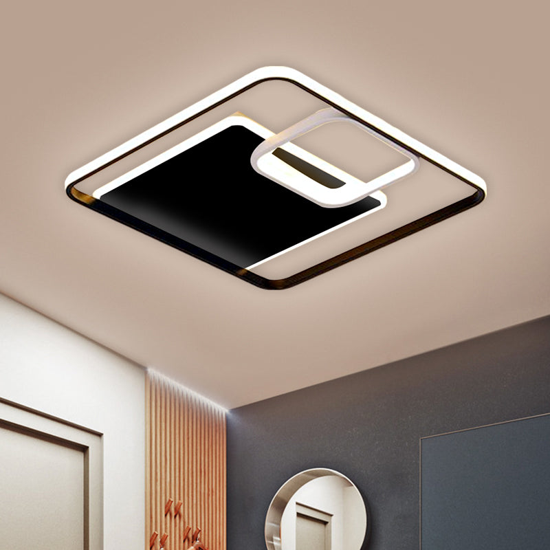 Minimalist Iron Black/Gold Led Ceiling Fixture - Square Flush Mount Lighting In Warm/White Light