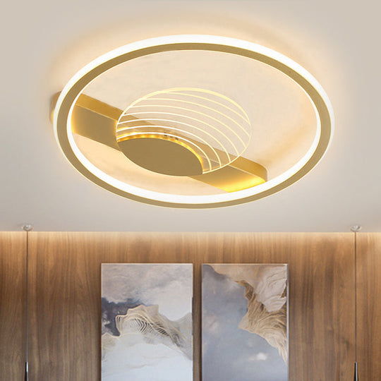 Plafonnier minimaliste moderne : design métallique en cercle et ligne, luminaire encastré à LED pour chambre à coucher, diamètre 16"/19,5", noir/doré avec lumière chaude/blanche