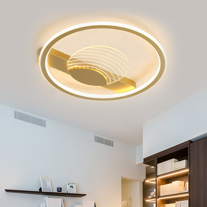 Plafonnier minimaliste moderne : design métallique en cercle et ligne, luminaire encastré à LED pour chambre à coucher, diamètre 16"/19,5", noir/doré avec lumière chaude/blanche