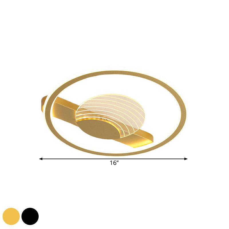 Plafonnier minimaliste moderne : design métallique en cercle et ligne, luminaire encastré à LED pour chambre à coucher, diamètre 16"/19,5", noir/doré avec lumière chaude/blanche