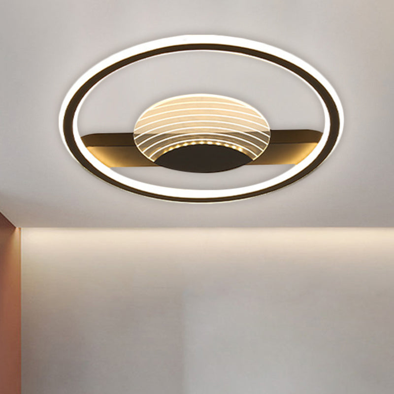 Plafonnier minimaliste moderne : design métallique en cercle et ligne, luminaire encastré à LED pour chambre à coucher, diamètre 16"/19,5", noir/doré avec lumière chaude/blanche