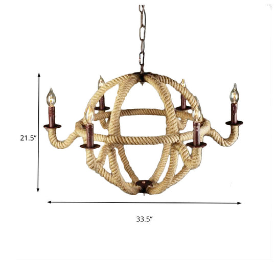 Spherical Chandelier Light Fixture with Rustic Black Finish - Antique Metal Multi-Light Farmhouse Hanging Lamp + Rope/Chain