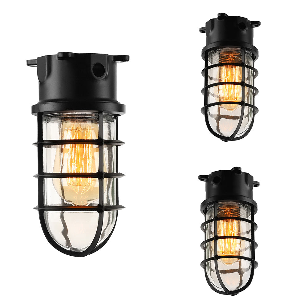 Industrial Flush Mount Ceiling Light with Clear Glass Cylinder Shade in Black/White/Pink - 1 Light
