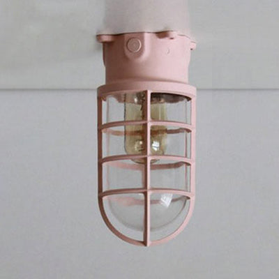 Industrial Flush Mount Ceiling Light with Clear Glass Cylinder Shade in Black/White/Pink - 1 Light
