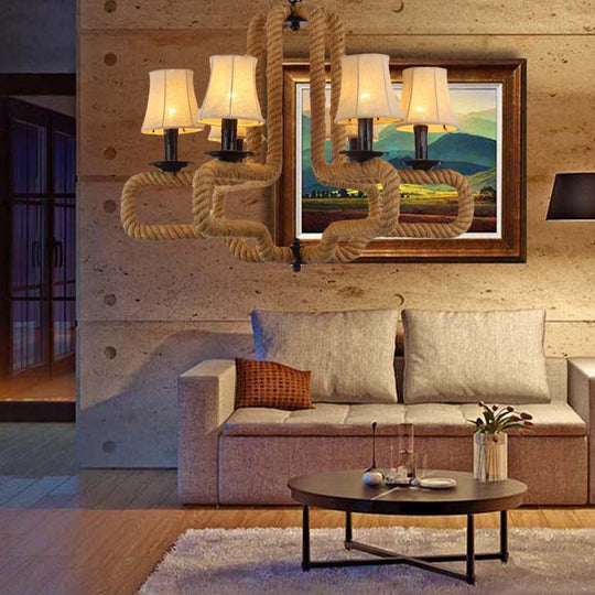 Lustre suspendu avec abat-jour en tissu cloche, style loft, 6 têtes, marron, détail corde - Parfait pour les restaurants