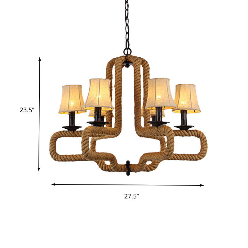 Lustre suspendu avec abat-jour en tissu cloche, style loft, 6 têtes, marron, détail corde - Parfait pour les restaurants