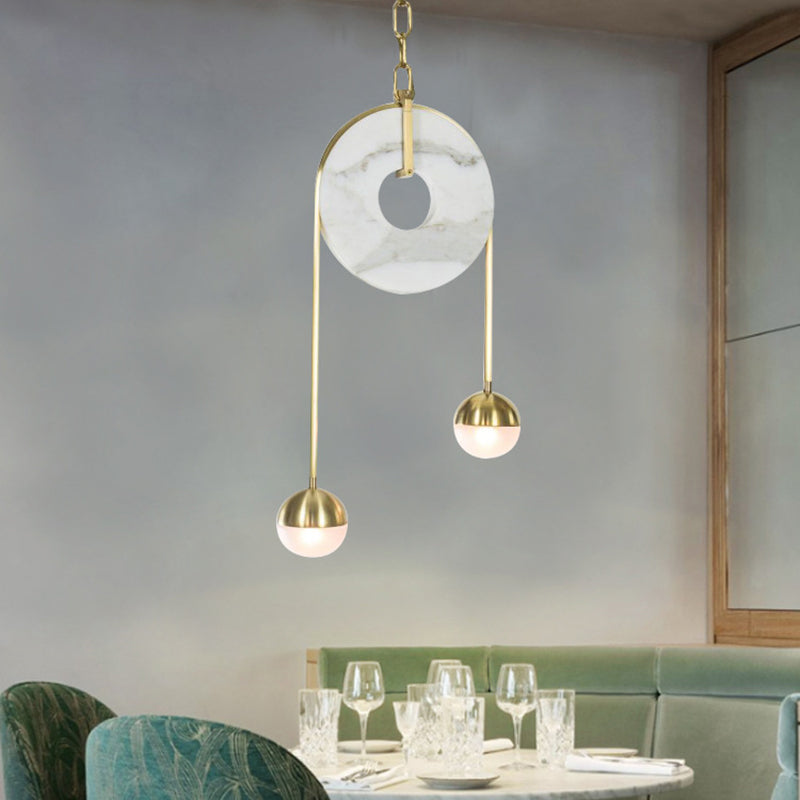 Modern Gold Pendant Light With 2 Lights White Glass Shade Led Hanging Lamp