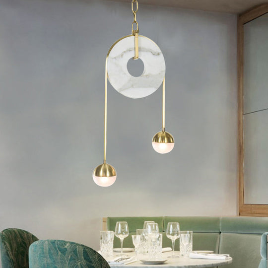Modern Gold Pendant Light With 2 Lights White Glass Shade Led Hanging Lamp