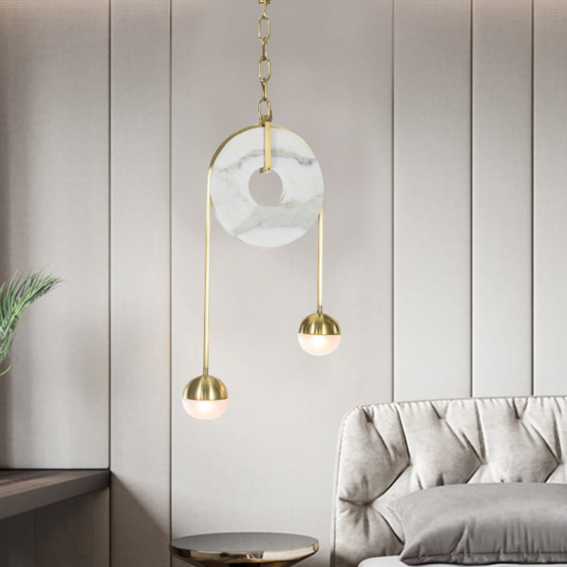 Modern Gold Pendant Light with White Glass LED, Pull-chain and 2 Lights