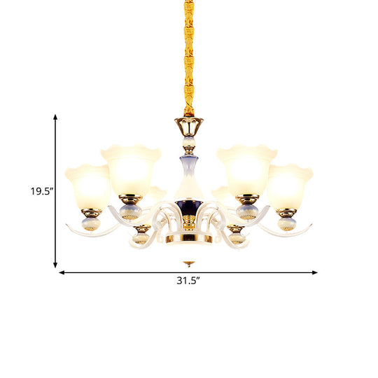 Bloom Pendant Chandelier - Antiqued Frosted Glass White Suspension Lamp With Curvy Arms 3/6 Lights