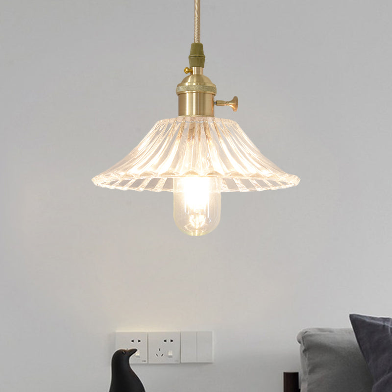 Brass Clear Fluted Glass Pendant Lamp Kit With Rustic Wide Cone Hang Light
