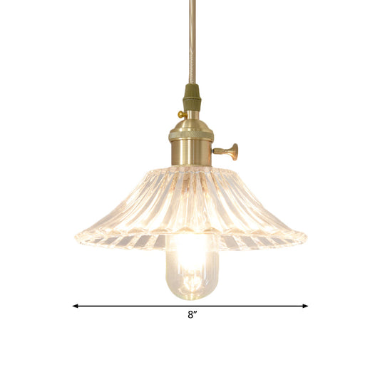Brass Clear Fluted Glass Pendant Lamp Kit With Rustic Wide Cone Hang Light