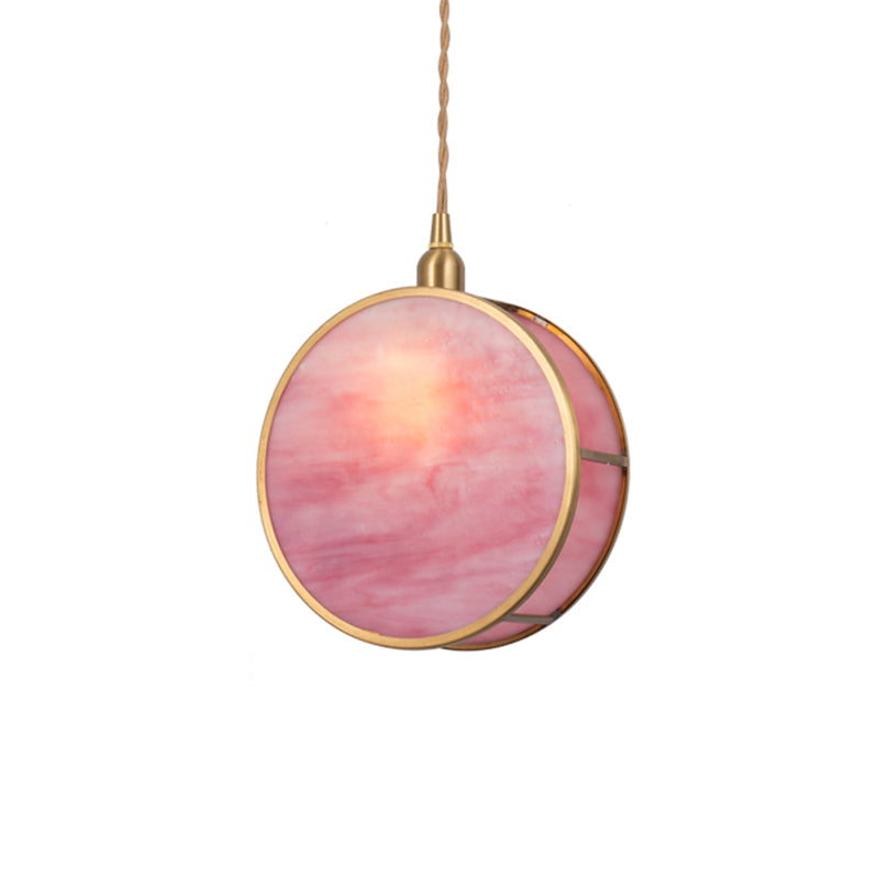Nordic 1-Light Hanging Lamp Kit - Pink/Blue Glass Shade With Brass Pendant Fixture