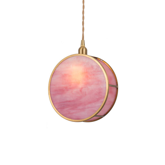 Nordic 1-Light Hanging Lamp Kit - Pink/Blue Glass Shade With Brass Pendant Fixture