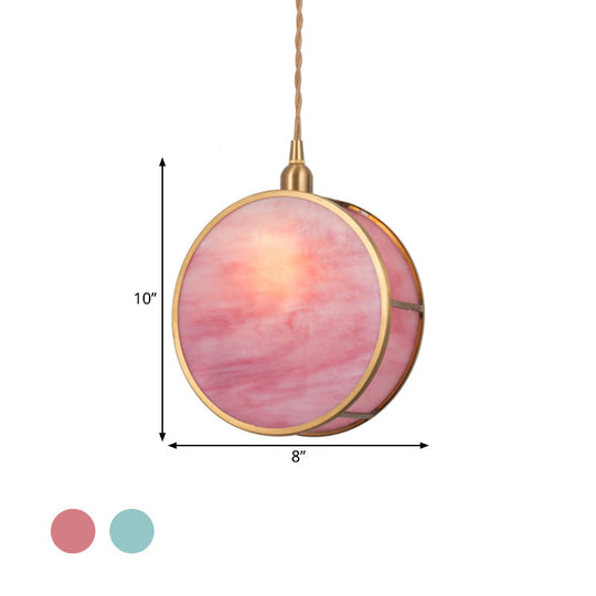 Nordic 1-Light Hanging Lamp Kit - Pink/Blue Glass Shade With Brass Pendant Fixture