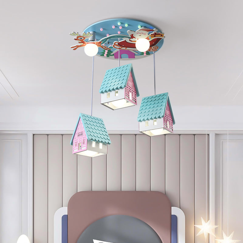 Blue House Pendant Lighting Cartoon 5-Head Wooden Ceiling Light With Santa Claus And Deer Decor