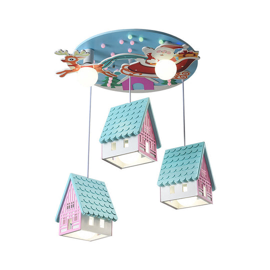 Blue House Pendant Lighting Cartoon 5-Head Wooden Ceiling Light With Santa Claus And Deer Decor