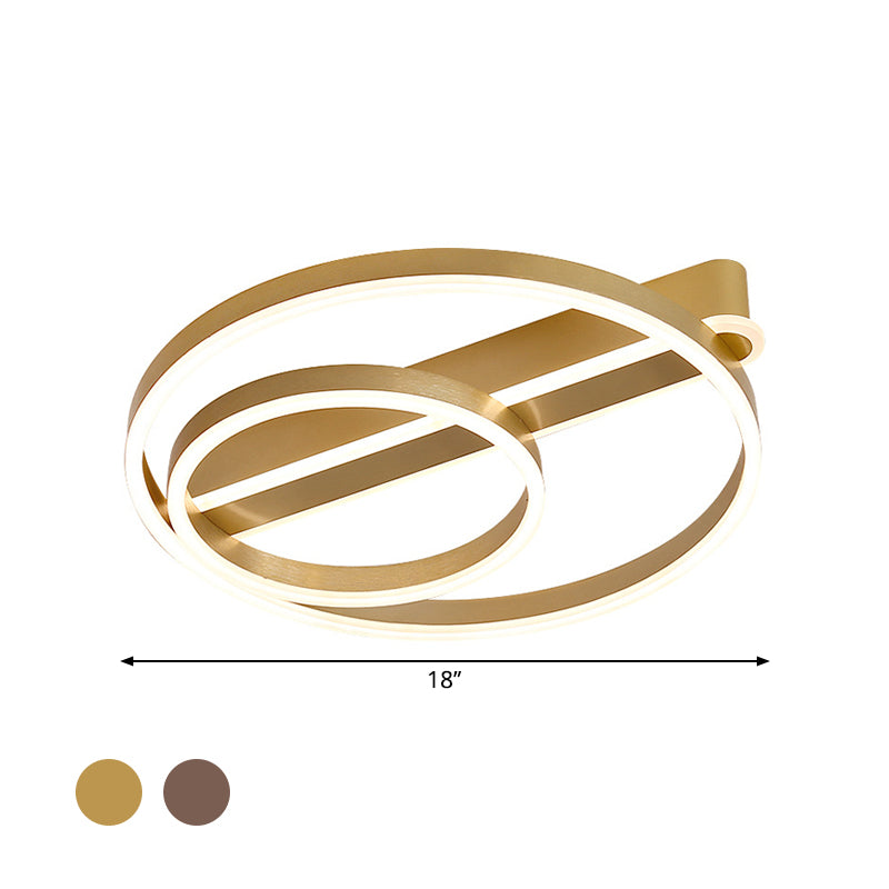 Modern Metal Gold/Coffee Flush Mount Light - 18"/21.5" W 2-Hoop LED Flush Ceiling Lamp - Parlor, Warm/White Light